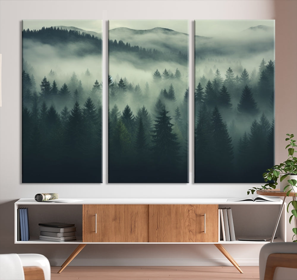 The "Misty Forest Wall Art Premium Canvas Print," depicting a foggy and serene atmosphere, is printed on museum-quality canvas with a gallery-wrapped finish and UV-protective coating, contributing an elegant touch to the space.