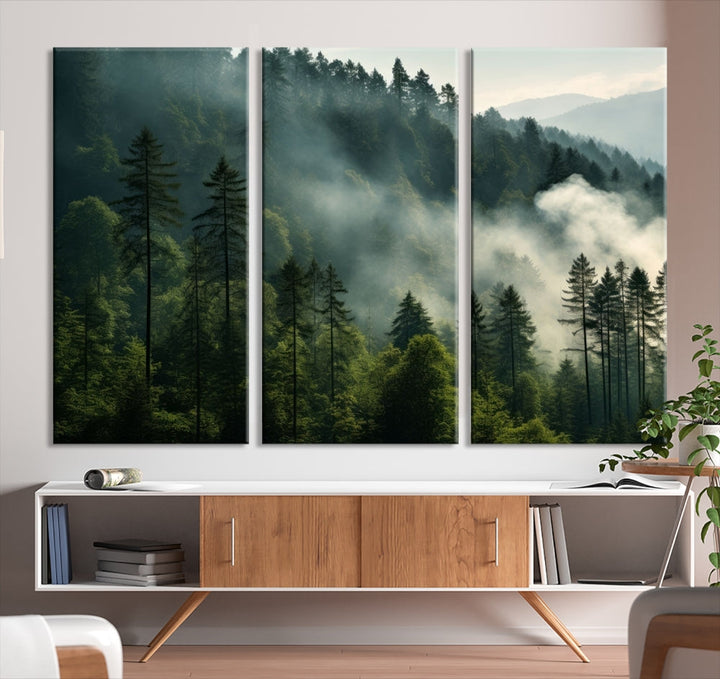 The "Misty Forest Wall Art Premium Canvas Print" enhances the tranquil ambiance of the living room with its portrayal of a foggy and serene atmosphere.