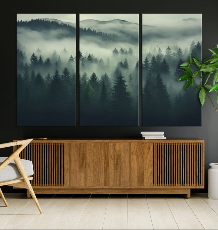 The "Misty Forest Wall Art Premium Canvas Print," depicting a foggy and serene atmosphere, is printed on museum-quality canvas with a gallery-wrapped finish and UV-protective coating, contributing an elegant touch to the space.