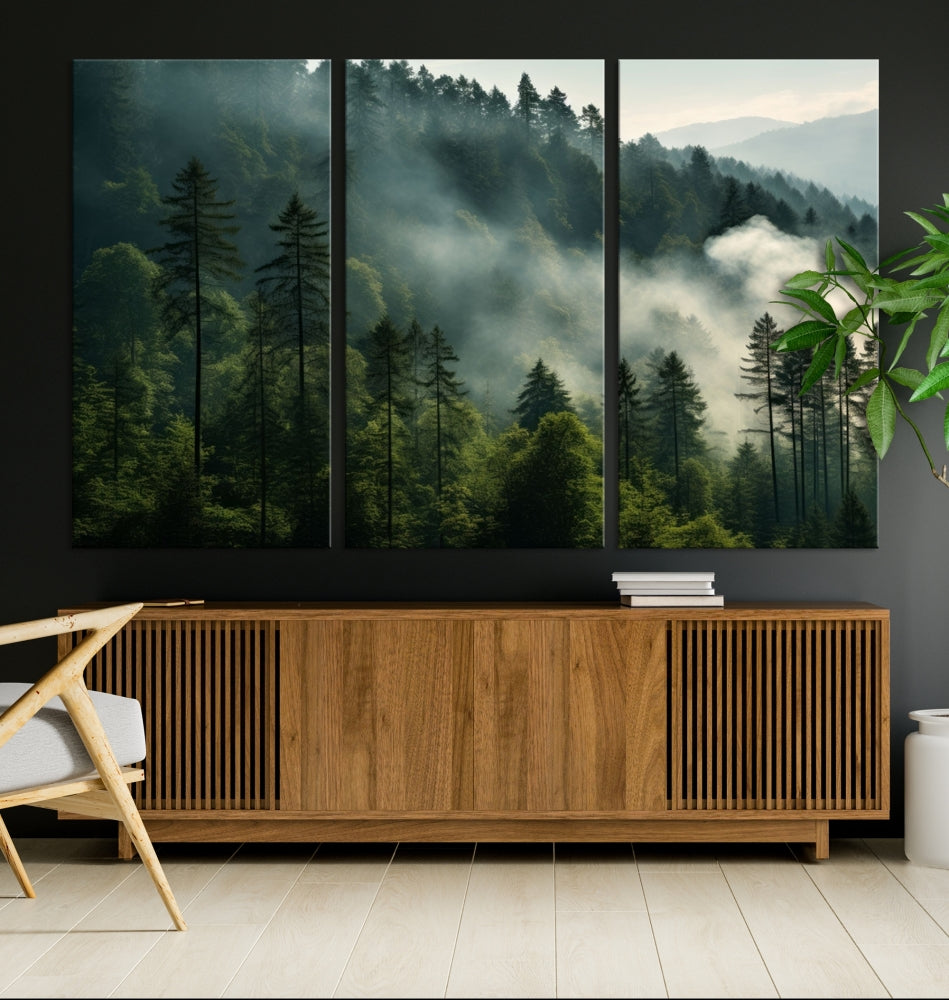 The "Misty Forest Wall Art Premium Canvas Print" enhances the tranquil ambiance of the living room with its portrayal of a foggy and serene atmosphere.