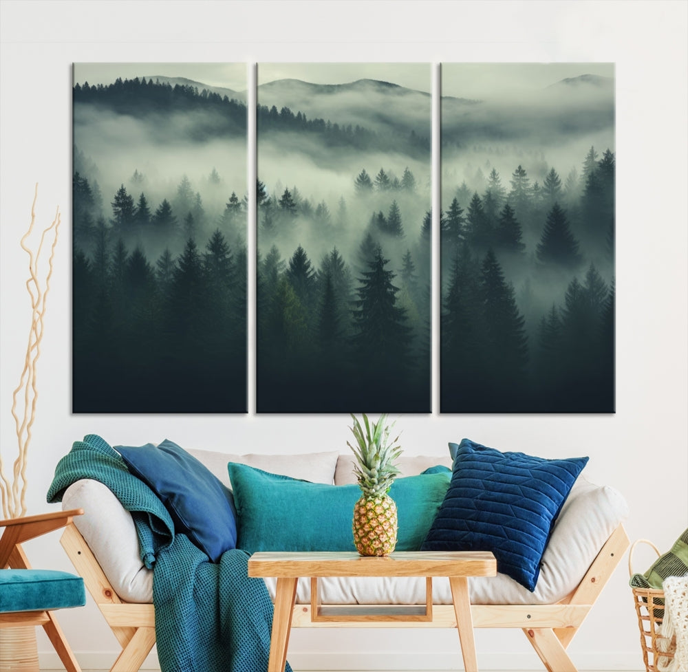 The "Misty Forest Wall Art Premium Canvas Print," depicting a foggy and serene atmosphere, is printed on museum-quality canvas with a gallery-wrapped finish and UV-protective coating, contributing an elegant touch to the space.