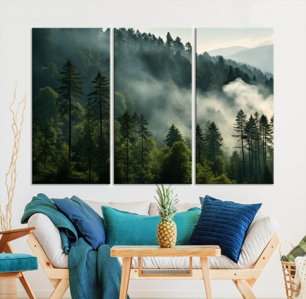 The "Misty Forest Wall Art Premium Canvas Print" enhances the tranquil ambiance of the living room with its portrayal of a foggy and serene atmosphere.