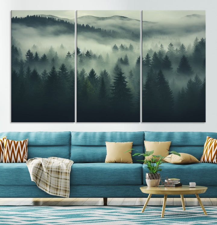 The "Misty Forest Wall Art Premium Canvas Print," depicting a foggy and serene atmosphere, is printed on museum-quality canvas with a gallery-wrapped finish and UV-protective coating, contributing an elegant touch to the space.