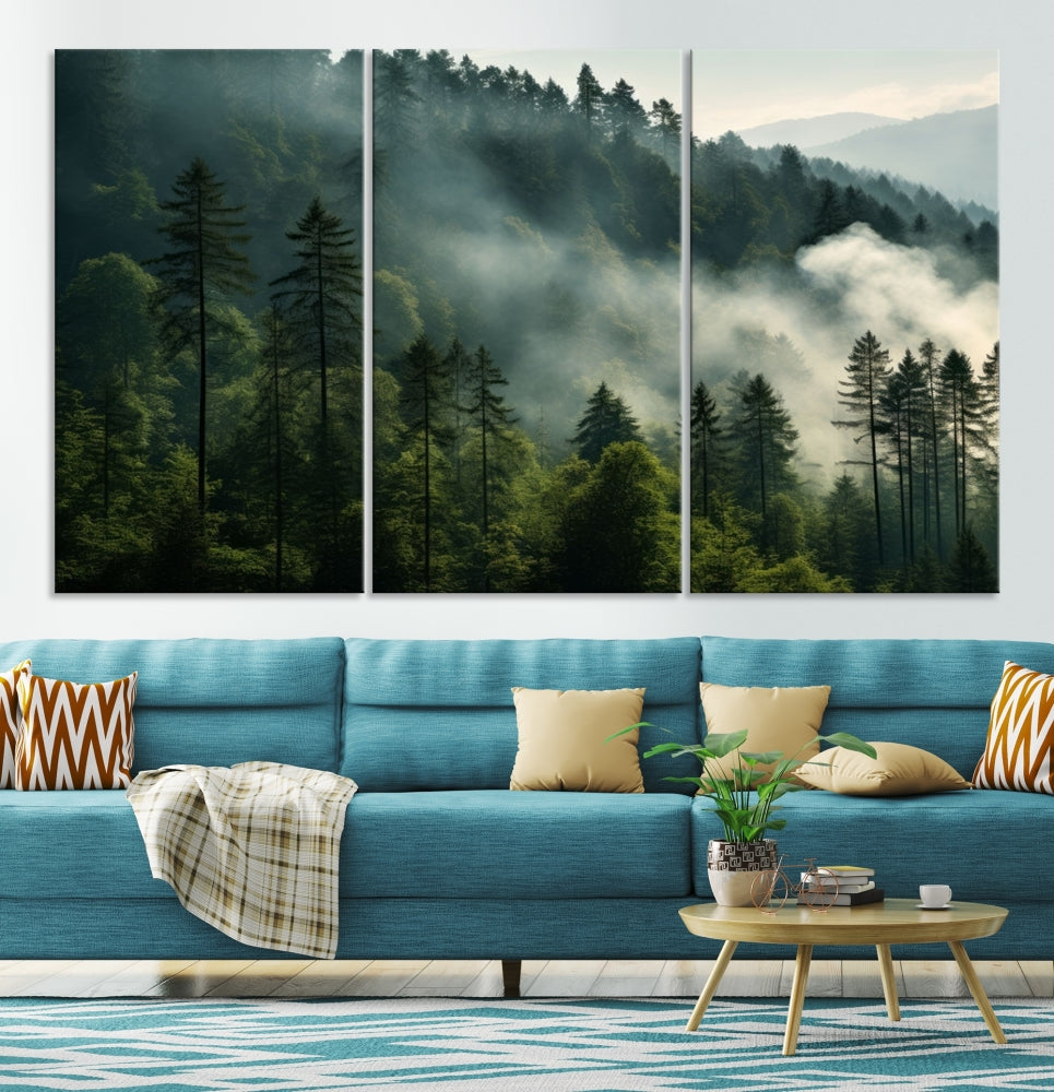 The "Misty Forest Wall Art Premium Canvas Print" enhances the tranquil ambiance of the living room with its portrayal of a foggy and serene atmosphere.