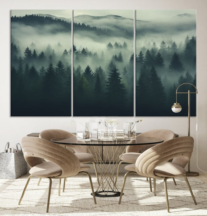 The "Misty Forest Wall Art Premium Canvas Print," depicting a foggy and serene atmosphere, is printed on museum-quality canvas with a gallery-wrapped finish and UV-protective coating, contributing an elegant touch to the space.