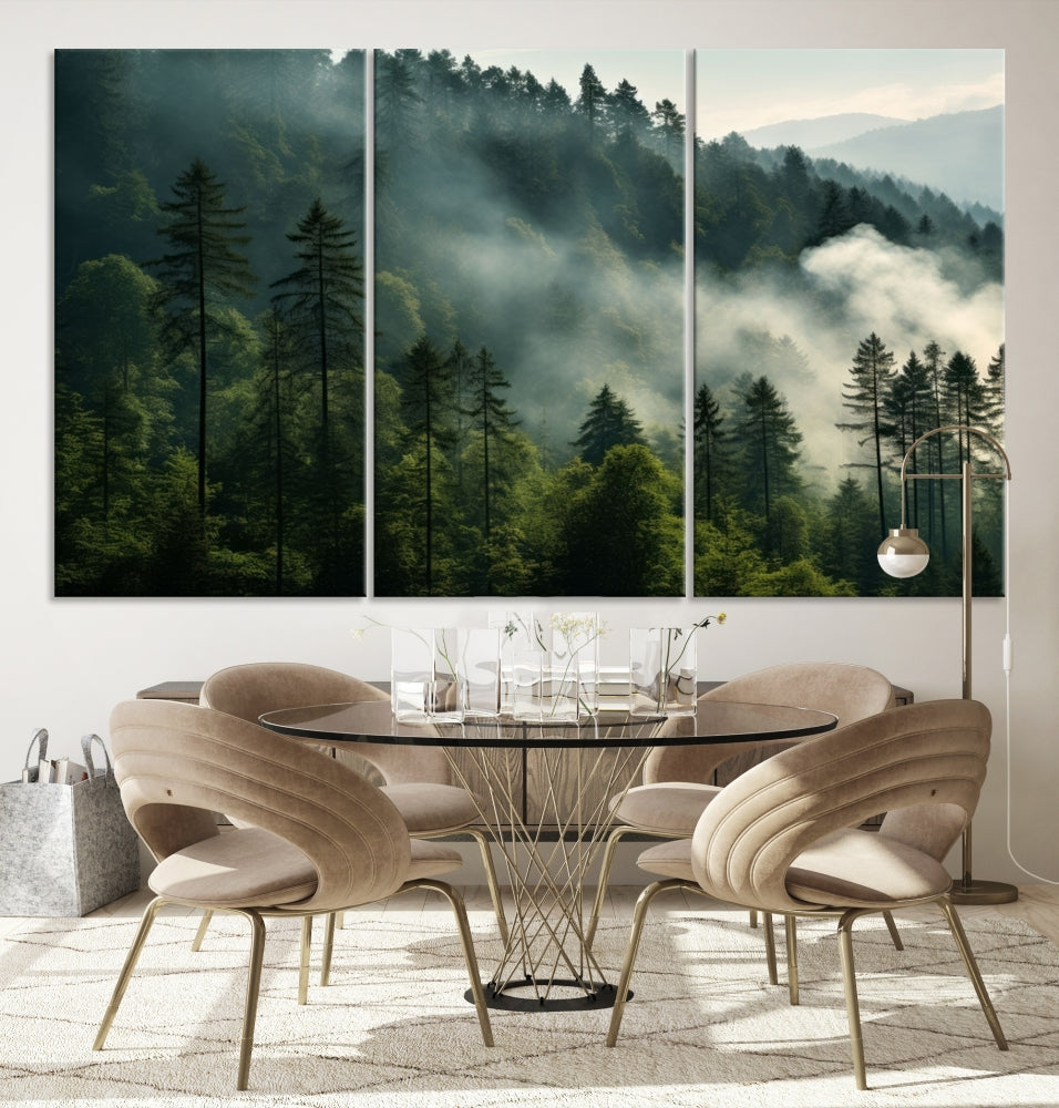 The "Misty Forest Wall Art Premium Canvas Print" enhances the tranquil ambiance of the living room with its portrayal of a foggy and serene atmosphere.