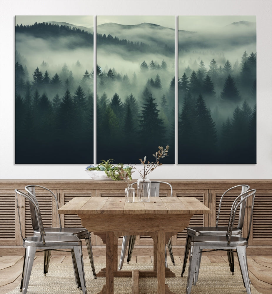 The "Misty Forest Wall Art Premium Canvas Print," depicting a foggy and serene atmosphere, is printed on museum-quality canvas with a gallery-wrapped finish and UV-protective coating, contributing an elegant touch to the space.