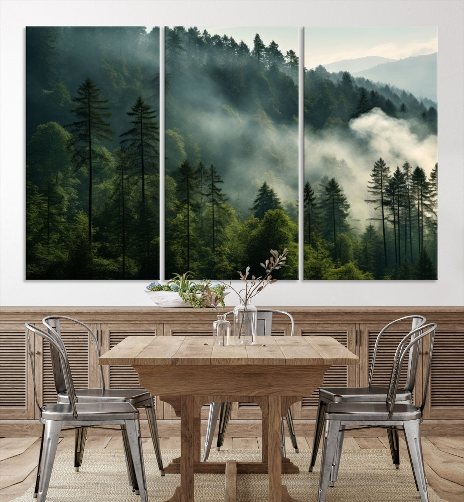 The "Misty Forest Wall Art Premium Canvas Print" enhances the tranquil ambiance of the living room with its portrayal of a foggy and serene atmosphere.