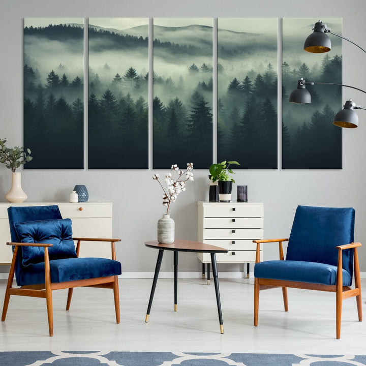 The "Misty Forest Wall Art Premium Canvas Print," depicting a foggy and serene atmosphere, is printed on museum-quality canvas with a gallery-wrapped finish and UV-protective coating, contributing an elegant touch to the space.