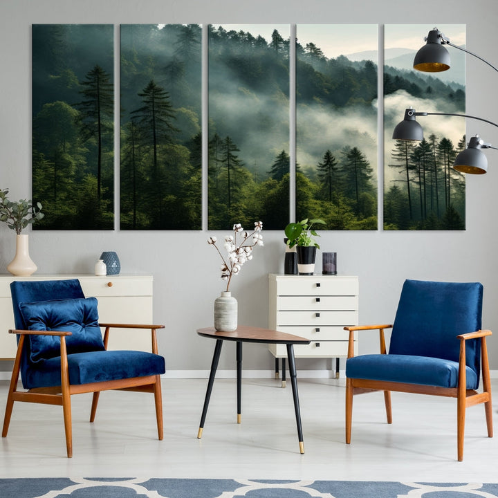 The "Misty Forest Wall Art Premium Canvas Print" enhances the tranquil ambiance of the living room with its portrayal of a foggy and serene atmosphere.