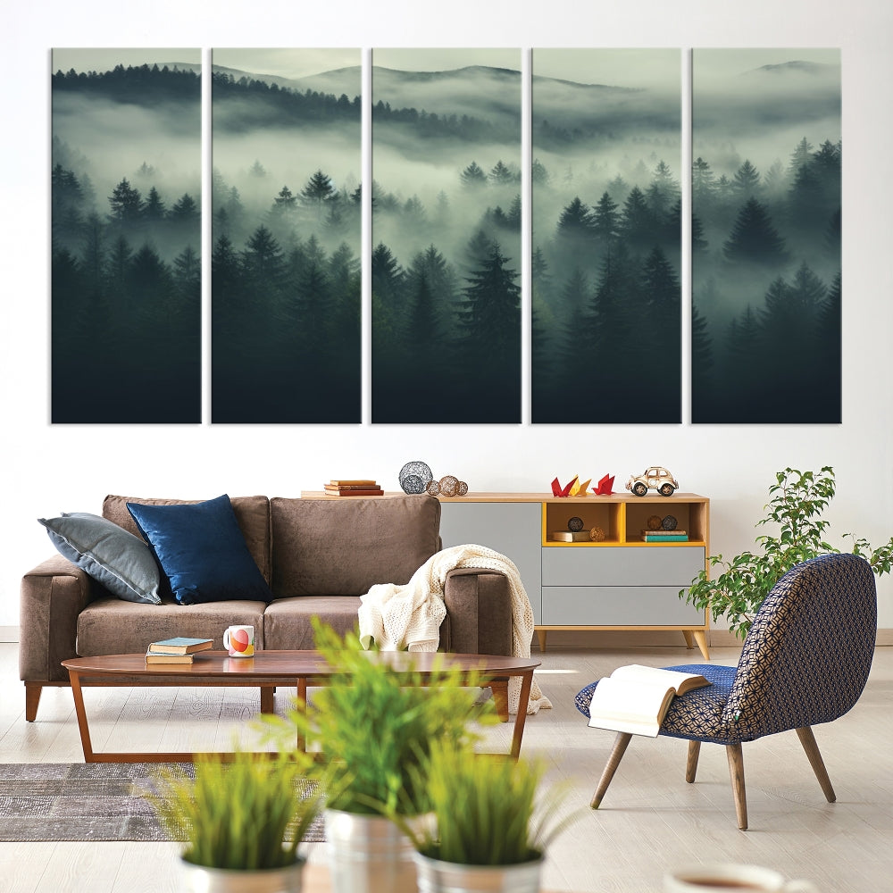 The "Misty Forest Wall Art Premium Canvas Print," depicting a foggy and serene atmosphere, is printed on museum-quality canvas with a gallery-wrapped finish and UV-protective coating, contributing an elegant touch to the space.