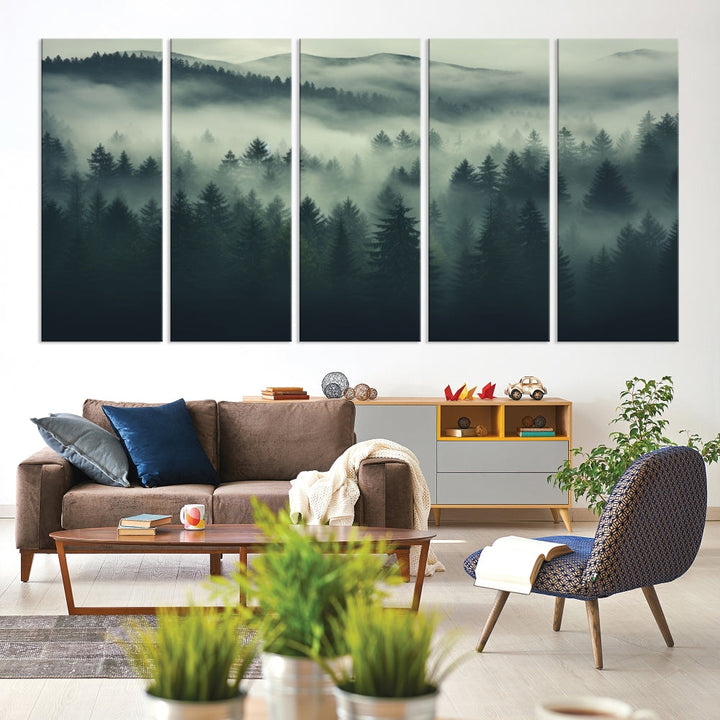 The "Misty Forest Wall Art Premium Canvas Print," depicting a foggy and serene atmosphere, is printed on museum-quality canvas with a gallery-wrapped finish and UV-protective coating, contributing an elegant touch to the space.