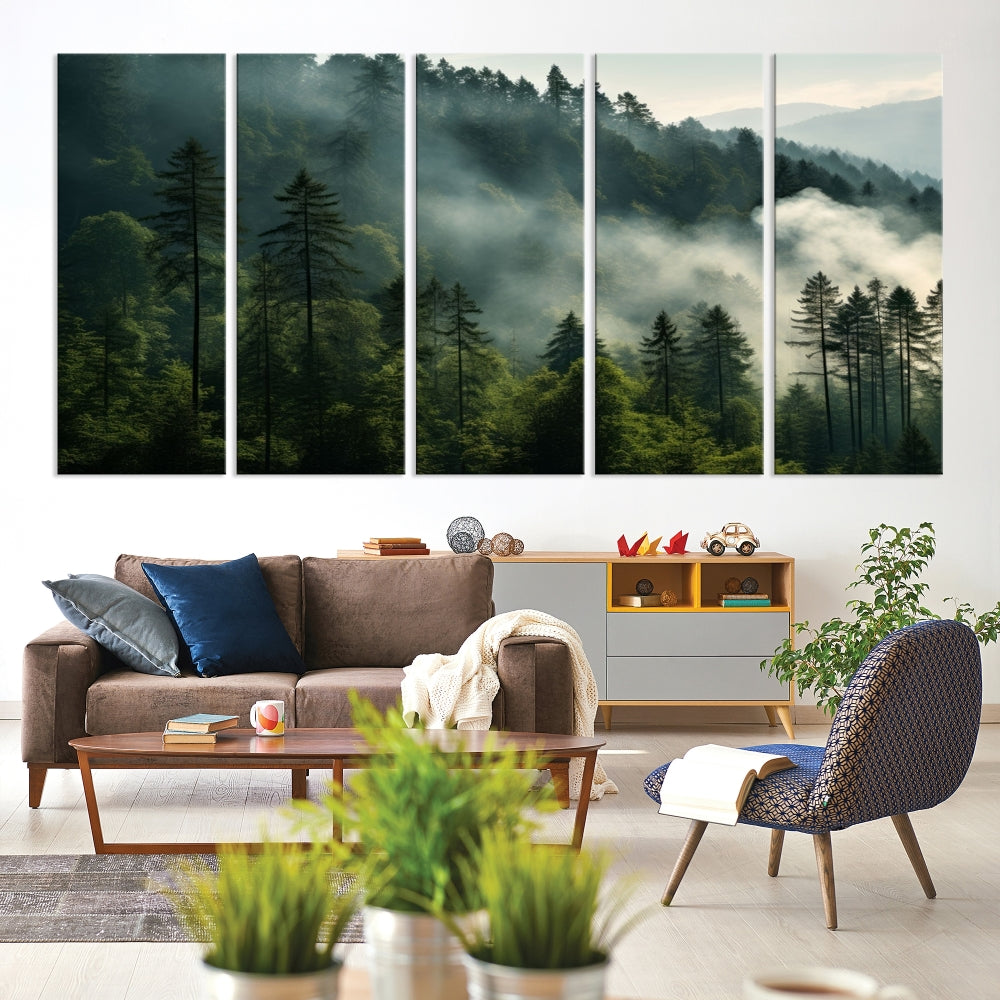 The "Misty Forest Wall Art Premium Canvas Print" enhances the tranquil ambiance of the living room with its portrayal of a foggy and serene atmosphere.