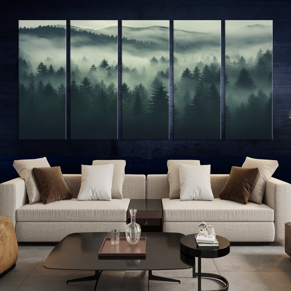 The "Misty Forest Wall Art Premium Canvas Print," depicting a foggy and serene atmosphere, is printed on museum-quality canvas with a gallery-wrapped finish and UV-protective coating, contributing an elegant touch to the space.