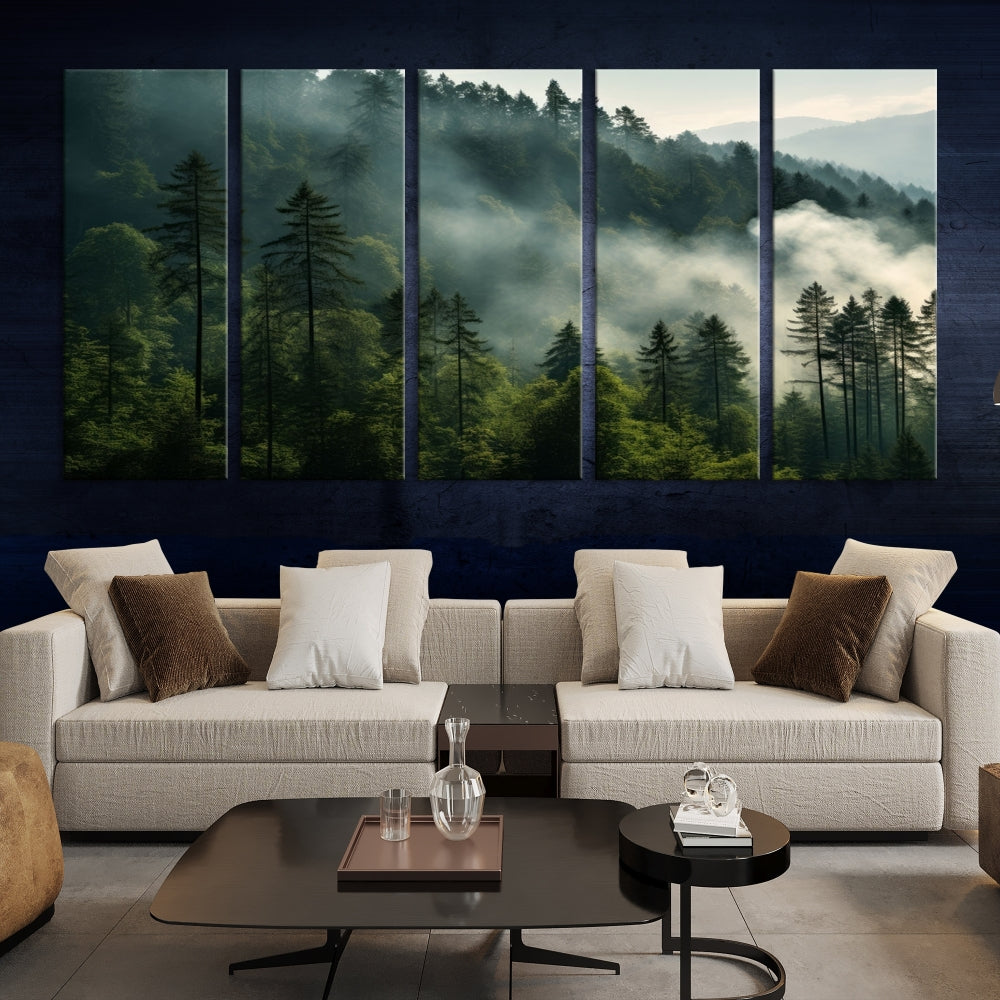 The "Misty Forest Wall Art Premium Canvas Print" enhances the tranquil ambiance of the living room with its portrayal of a foggy and serene atmosphere.