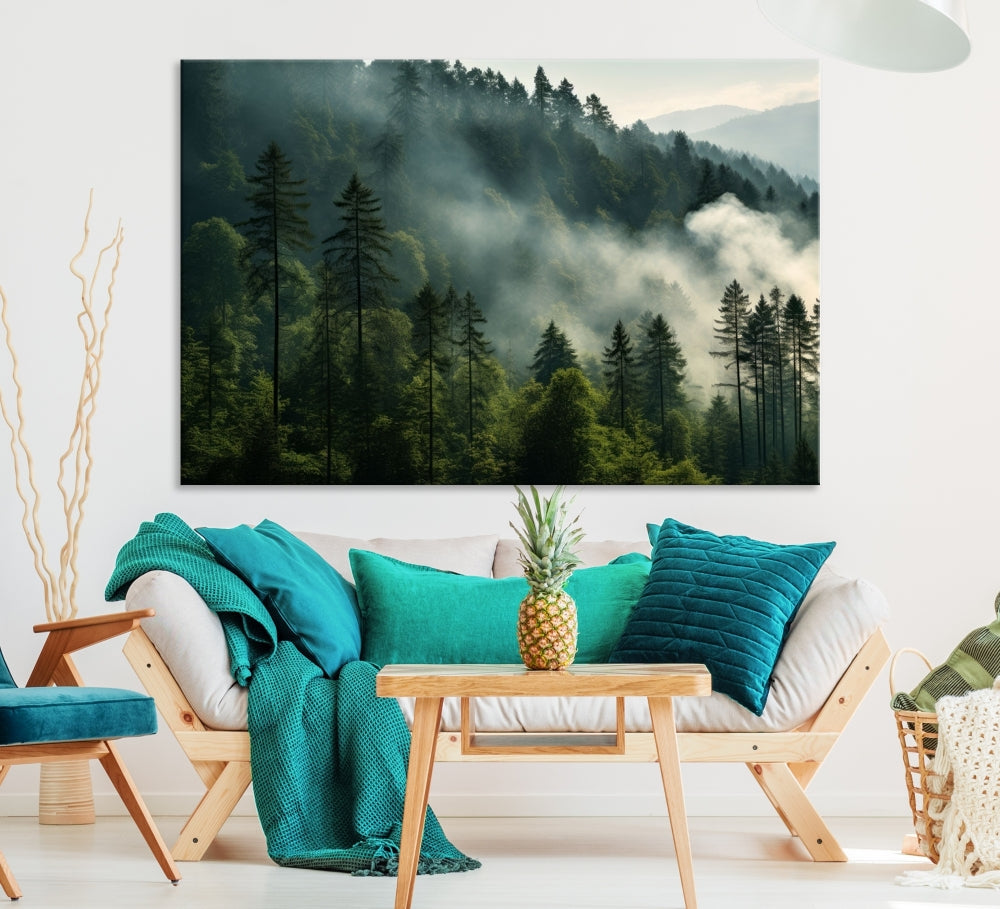 The "Misty Forest Wall Art Premium Canvas Print" enhances the tranquil ambiance of the living room with its portrayal of a foggy and serene atmosphere.