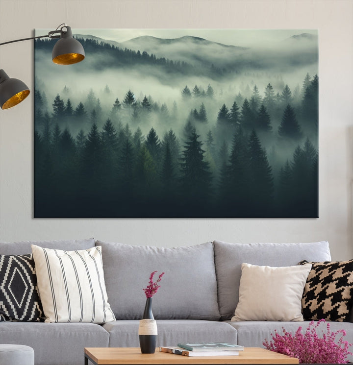 The "Misty Forest Wall Art Premium Canvas Print," depicting a foggy and serene atmosphere, is printed on museum-quality canvas with a gallery-wrapped finish and UV-protective coating, contributing an elegant touch to the space.