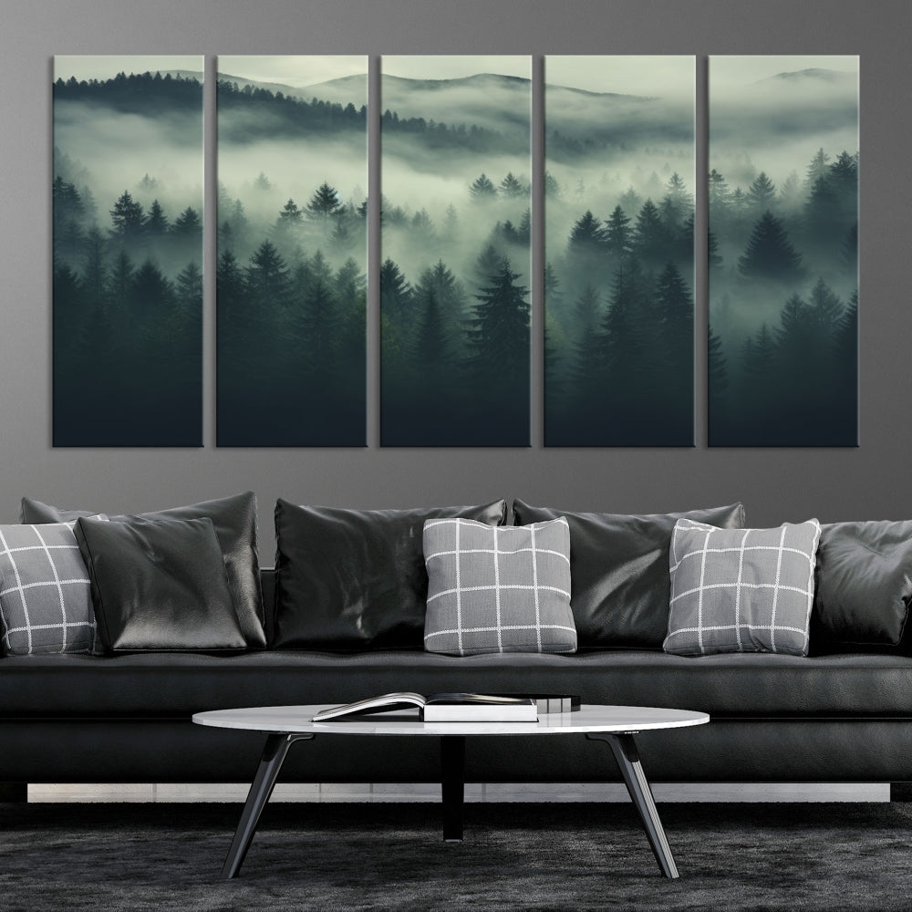 The "Misty Forest Wall Art Premium Canvas Print," depicting a foggy and serene atmosphere, is printed on museum-quality canvas with a gallery-wrapped finish and UV-protective coating, contributing an elegant touch to the space.