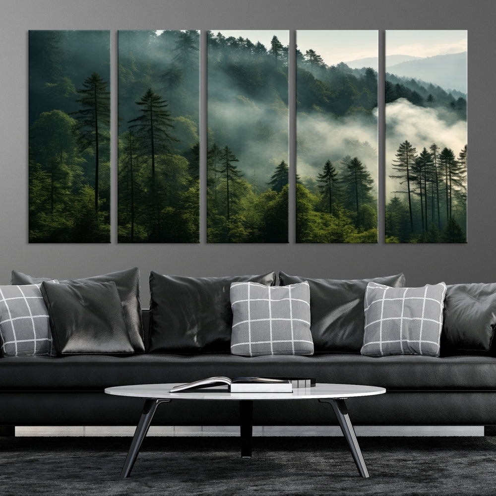 The "Misty Forest Wall Art Premium Canvas Print" enhances the tranquil ambiance of the living room with its portrayal of a foggy and serene atmosphere.