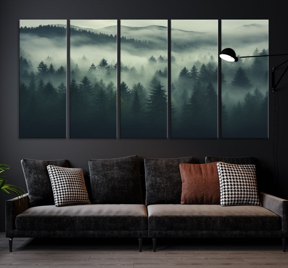 The "Misty Forest Wall Art Premium Canvas Print," depicting a foggy and serene atmosphere, is printed on museum-quality canvas with a gallery-wrapped finish and UV-protective coating, contributing an elegant touch to the space.