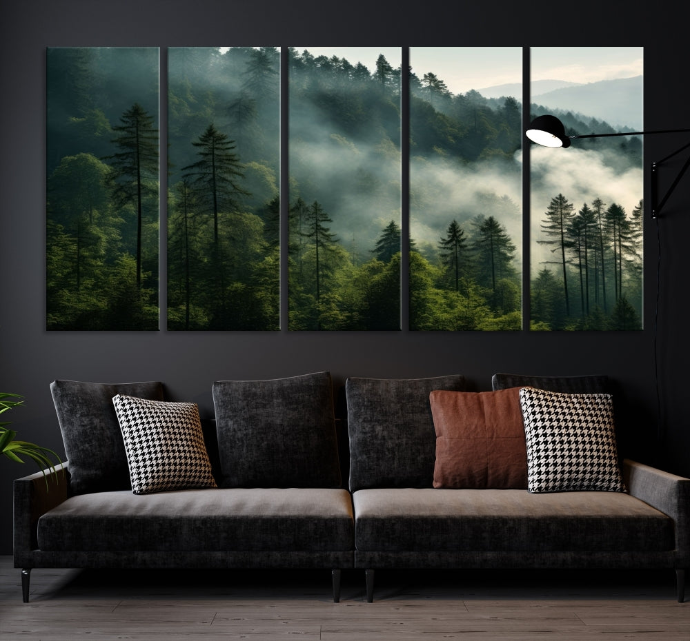 The "Misty Forest Wall Art Premium Canvas Print" enhances the tranquil ambiance of the living room with its portrayal of a foggy and serene atmosphere.