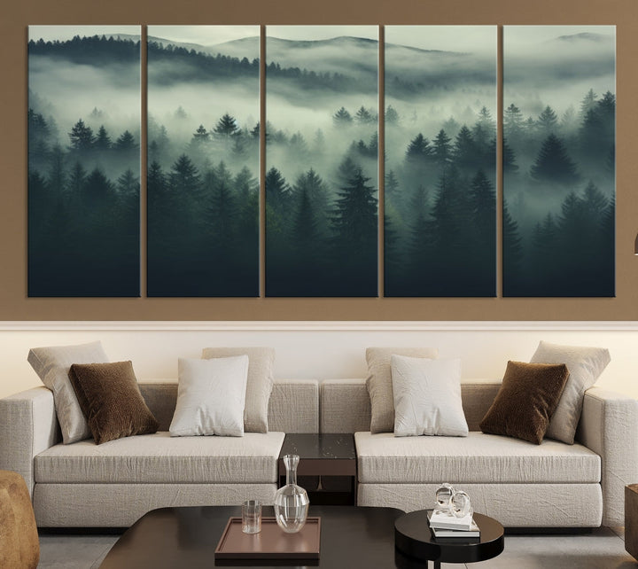 The "Misty Forest Wall Art Premium Canvas Print," depicting a foggy and serene atmosphere, is printed on museum-quality canvas with a gallery-wrapped finish and UV-protective coating, contributing an elegant touch to the space.