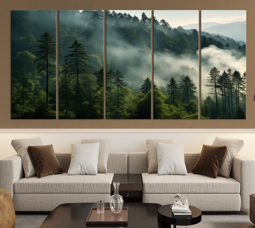 The "Misty Forest Wall Art Premium Canvas Print" enhances the tranquil ambiance of the living room with its portrayal of a foggy and serene atmosphere.