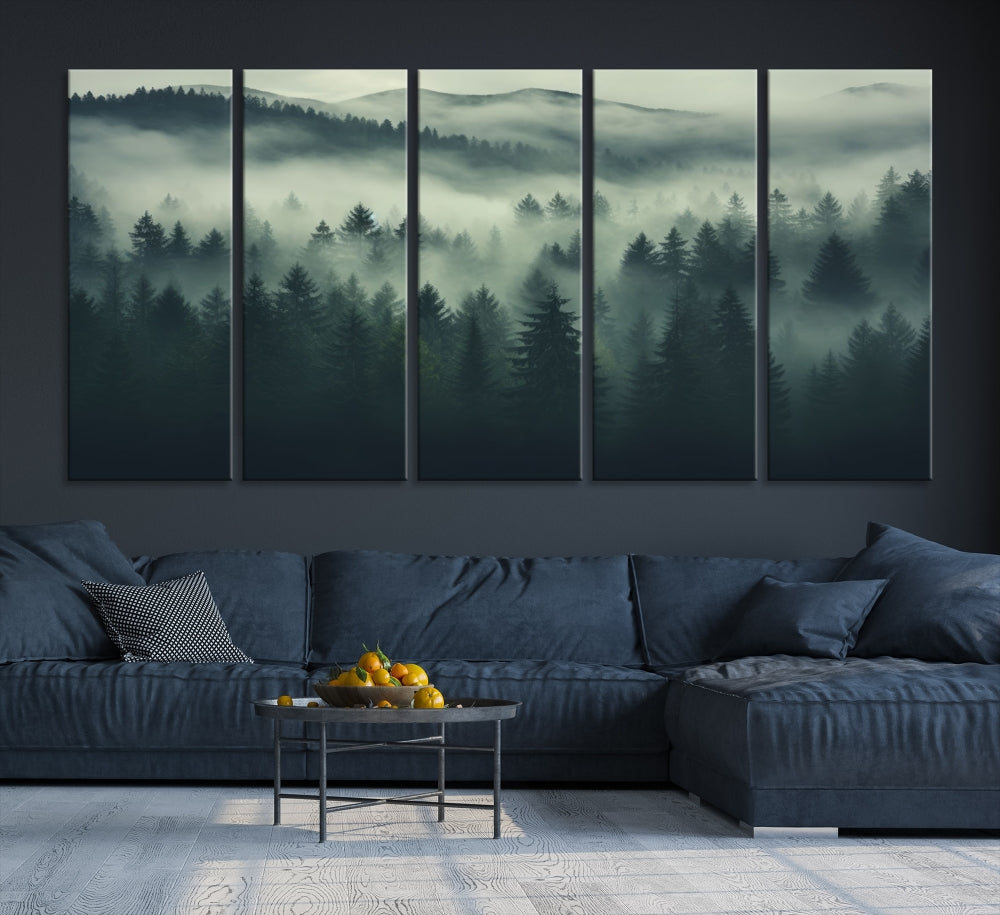 The "Misty Forest Wall Art Premium Canvas Print," depicting a foggy and serene atmosphere, is printed on museum-quality canvas with a gallery-wrapped finish and UV-protective coating, contributing an elegant touch to the space.