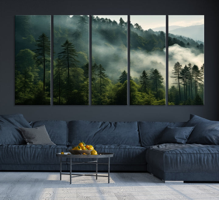 The "Misty Forest Wall Art Premium Canvas Print" enhances the tranquil ambiance of the living room with its portrayal of a foggy and serene atmosphere.