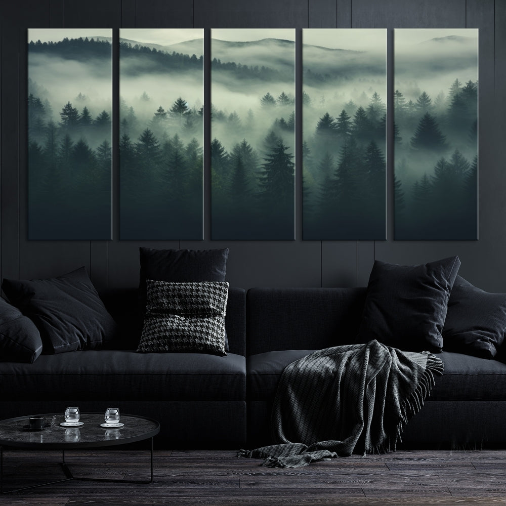 The "Misty Forest Wall Art Premium Canvas Print," depicting a foggy and serene atmosphere, is printed on museum-quality canvas with a gallery-wrapped finish and UV-protective coating, contributing an elegant touch to the space.