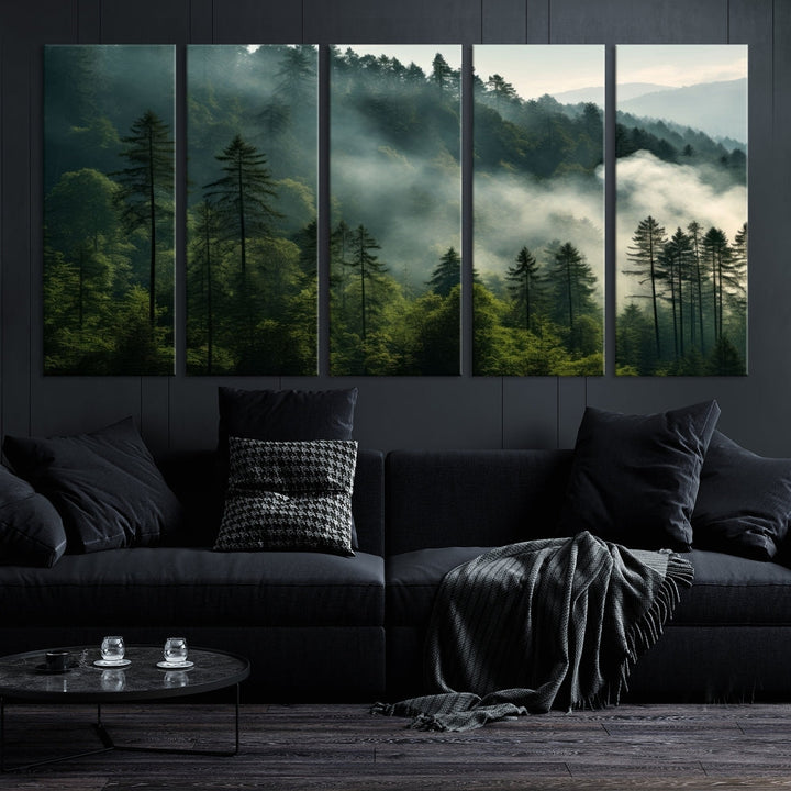 The "Misty Forest Wall Art Premium Canvas Print" enhances the tranquil ambiance of the living room with its portrayal of a foggy and serene atmosphere.