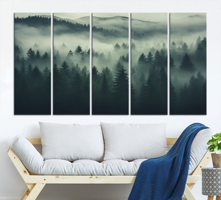 The "Misty Forest Wall Art Premium Canvas Print," depicting a foggy and serene atmosphere, is printed on museum-quality canvas with a gallery-wrapped finish and UV-protective coating, contributing an elegant touch to the space.