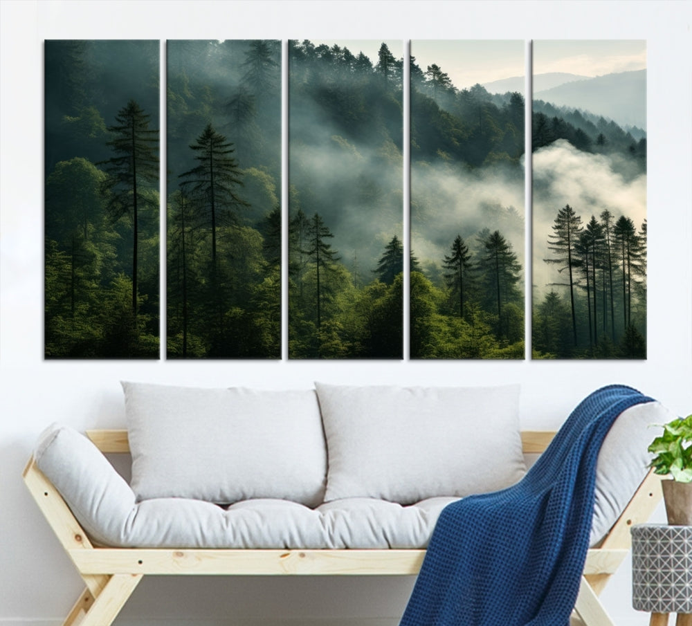 The "Misty Forest Wall Art Premium Canvas Print" enhances the tranquil ambiance of the living room with its portrayal of a foggy and serene atmosphere.