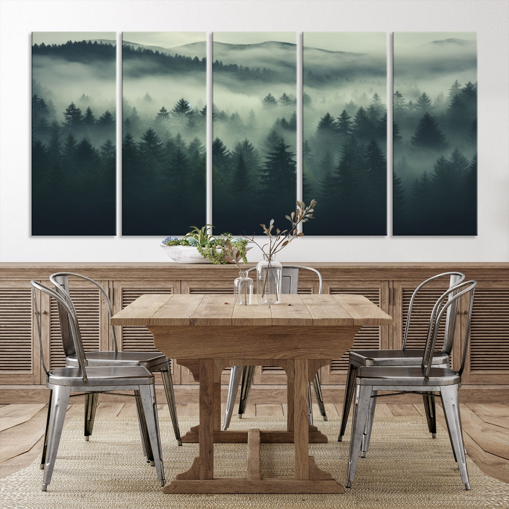 The "Misty Forest Wall Art Premium Canvas Print," depicting a foggy and serene atmosphere, is printed on museum-quality canvas with a gallery-wrapped finish and UV-protective coating, contributing an elegant touch to the space.