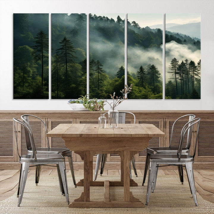 The "Misty Forest Wall Art Premium Canvas Print" enhances the tranquil ambiance of the living room with its portrayal of a foggy and serene atmosphere.