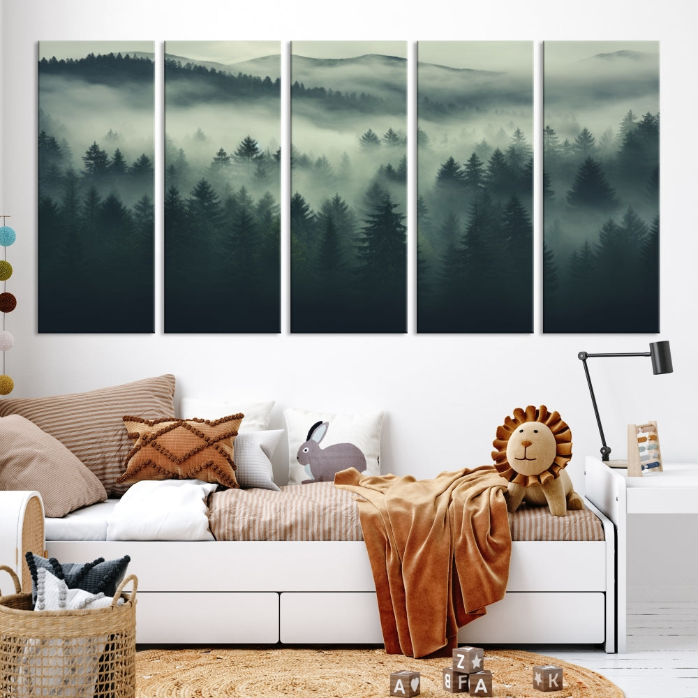 The "Misty Forest Wall Art Premium Canvas Print," depicting a foggy and serene atmosphere, is printed on museum-quality canvas with a gallery-wrapped finish and UV-protective coating, contributing an elegant touch to the space.