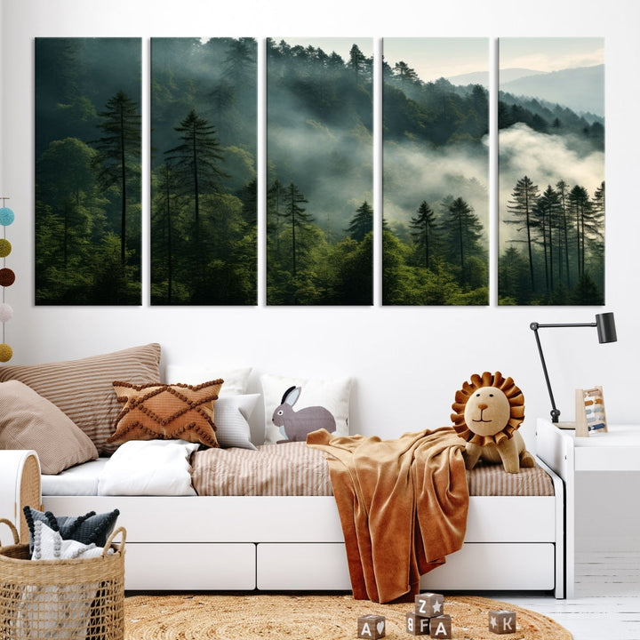 The "Misty Forest Wall Art Premium Canvas Print" enhances the tranquil ambiance of the living room with its portrayal of a foggy and serene atmosphere.