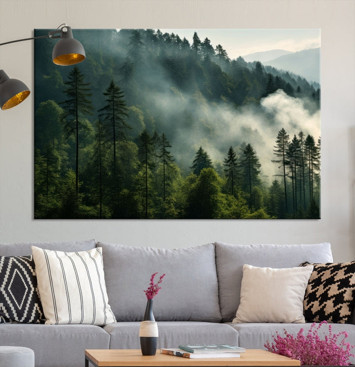 The "Misty Forest Wall Art Premium Canvas Print" enhances the tranquil ambiance of the living room with its portrayal of a foggy and serene atmosphere.