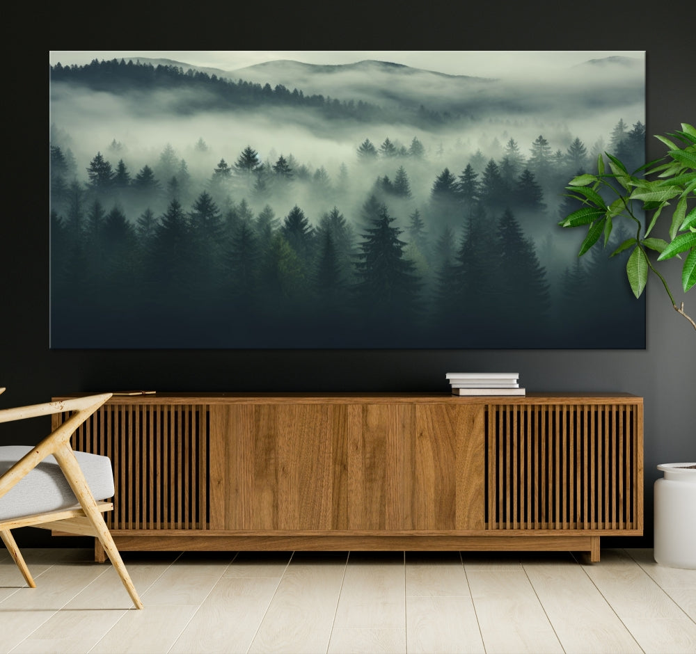 The "Misty Forest Wall Art Premium Canvas Print," depicting a foggy and serene atmosphere, is printed on museum-quality canvas with a gallery-wrapped finish and UV-protective coating, contributing an elegant touch to the space.