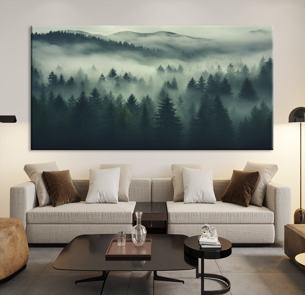 The "Misty Forest Wall Art Premium Canvas Print," depicting a foggy and serene atmosphere, is printed on museum-quality canvas with a gallery-wrapped finish and UV-protective coating, contributing an elegant touch to the space.