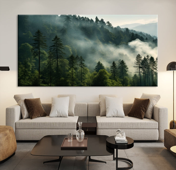 The "Misty Forest Wall Art Premium Canvas Print" enhances the tranquil ambiance of the living room with its portrayal of a foggy and serene atmosphere.