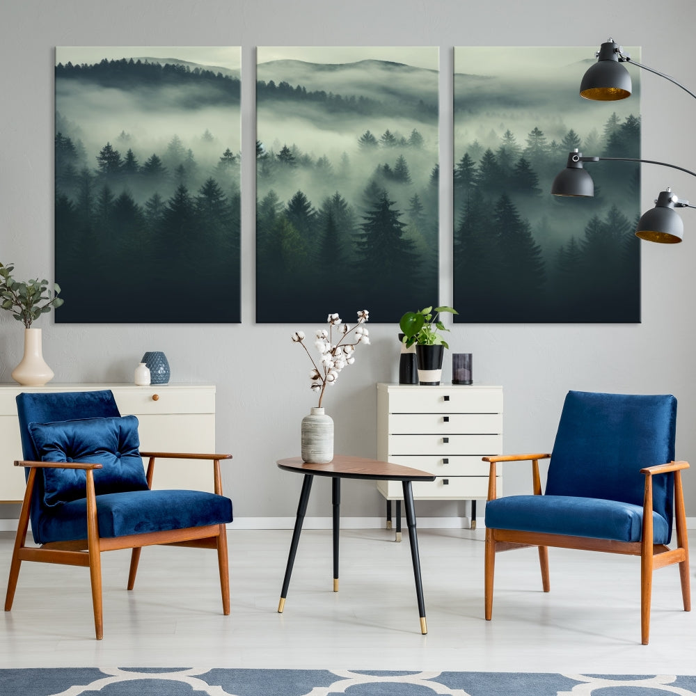 The "Misty Forest Wall Art Premium Canvas Print," depicting a foggy and serene atmosphere, is printed on museum-quality canvas with a gallery-wrapped finish and UV-protective coating, contributing an elegant touch to the space.