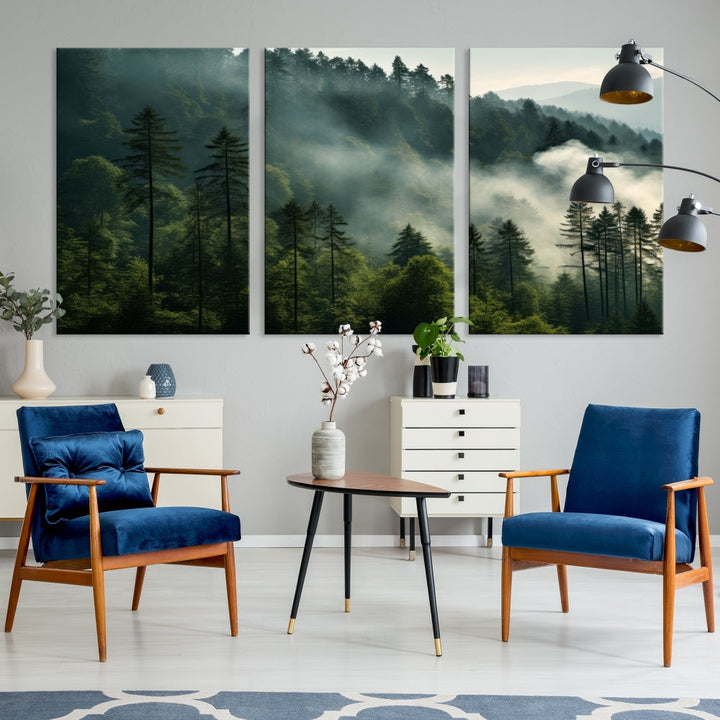 The "Misty Forest Wall Art Premium Canvas Print" enhances the tranquil ambiance of the living room with its portrayal of a foggy and serene atmosphere.