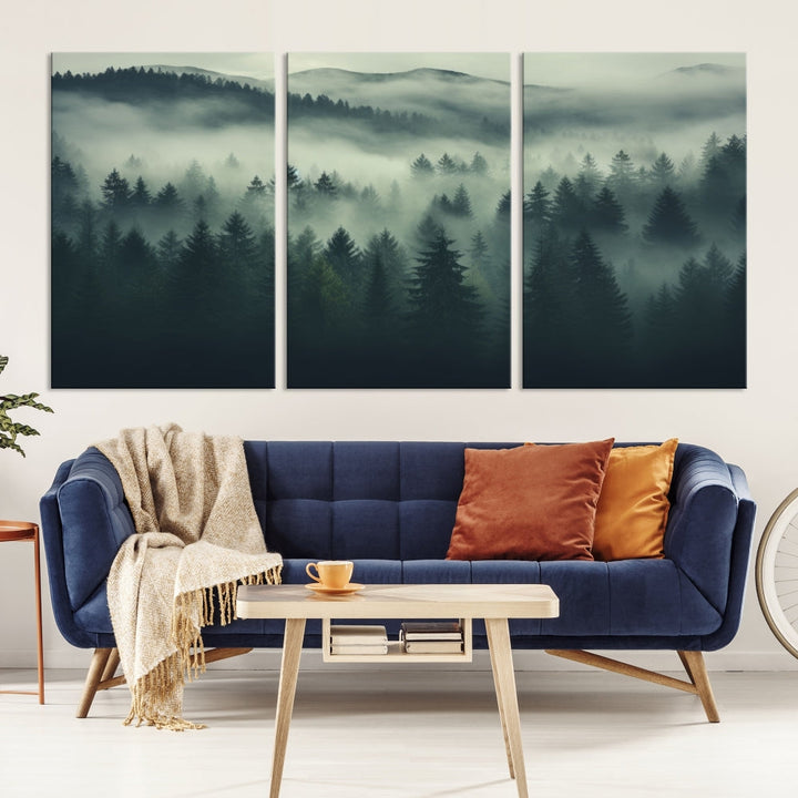 The "Misty Forest Wall Art Premium Canvas Print," depicting a foggy and serene atmosphere, is printed on museum-quality canvas with a gallery-wrapped finish and UV-protective coating, contributing an elegant touch to the space.