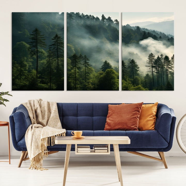 The "Misty Forest Wall Art Premium Canvas Print" enhances the tranquil ambiance of the living room with its portrayal of a foggy and serene atmosphere.