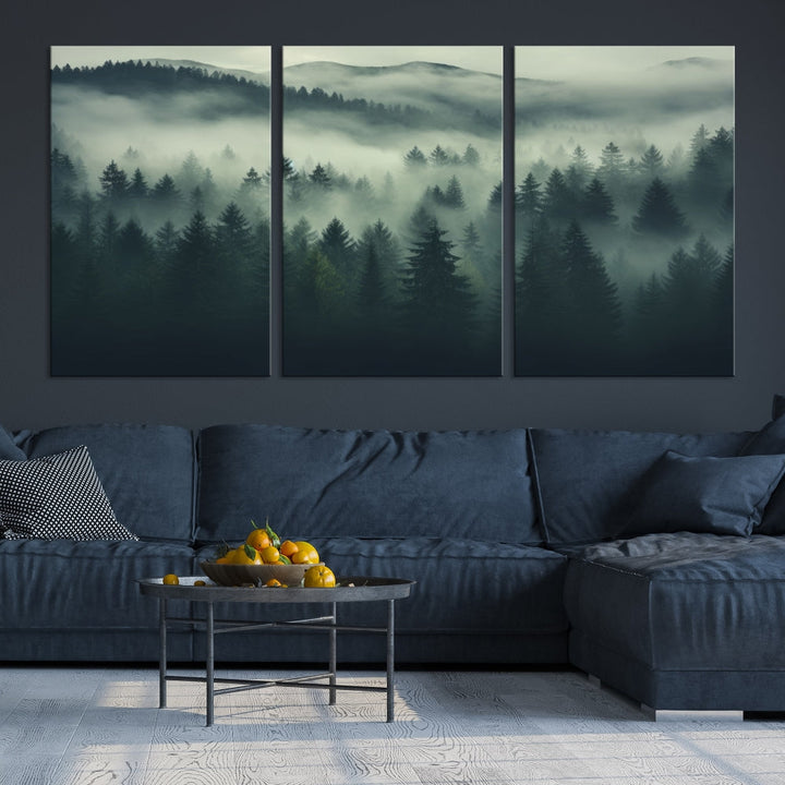 The "Misty Forest Wall Art Premium Canvas Print," depicting a foggy and serene atmosphere, is printed on museum-quality canvas with a gallery-wrapped finish and UV-protective coating, contributing an elegant touch to the space.