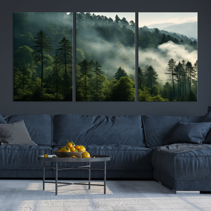 The "Misty Forest Wall Art Premium Canvas Print" enhances the tranquil ambiance of the living room with its portrayal of a foggy and serene atmosphere.