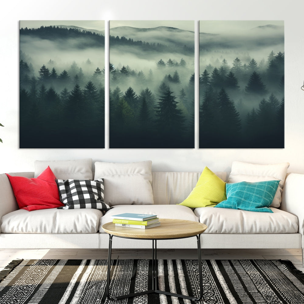 The "Misty Forest Wall Art Premium Canvas Print," depicting a foggy and serene atmosphere, is printed on museum-quality canvas with a gallery-wrapped finish and UV-protective coating, contributing an elegant touch to the space.