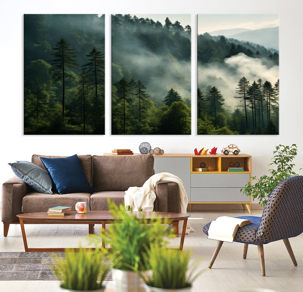 The "Misty Forest Wall Art Premium Canvas Print" enhances the tranquil ambiance of the living room with its portrayal of a foggy and serene atmosphere.