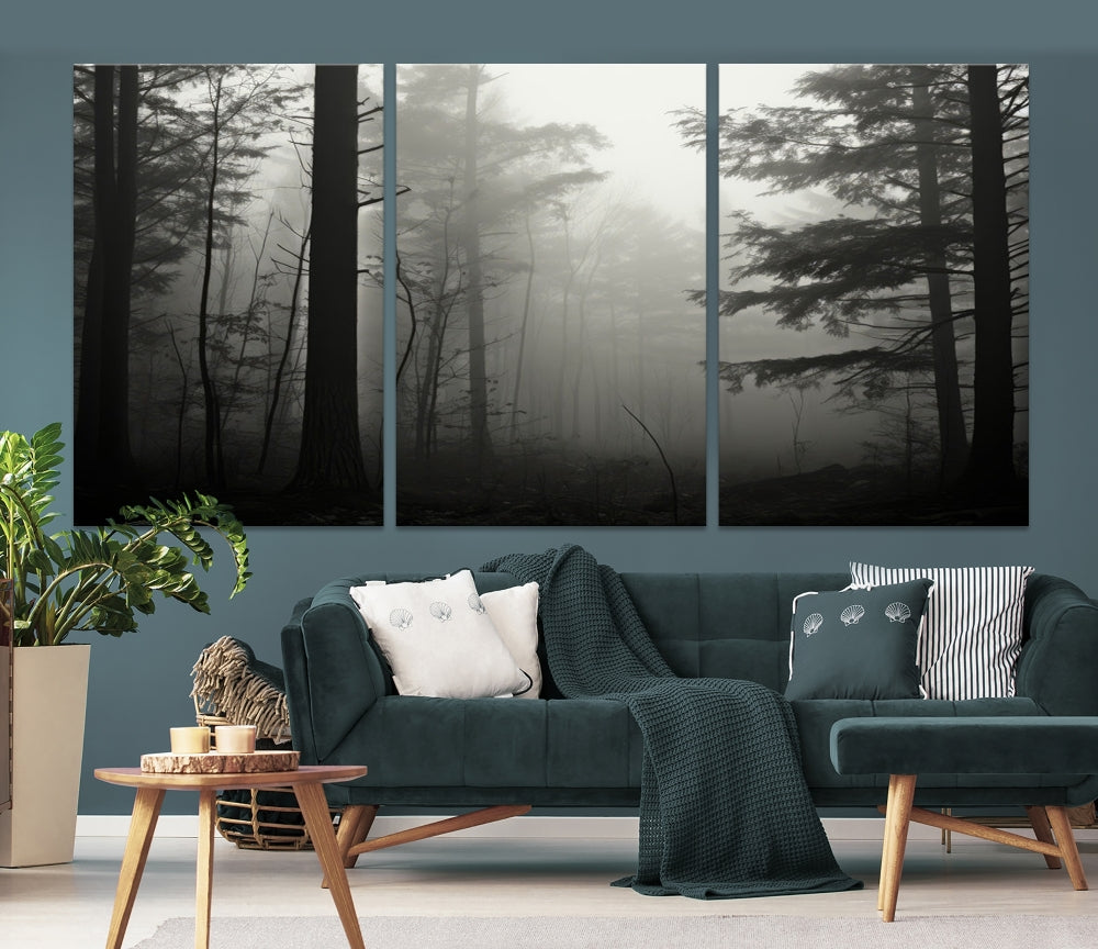 The living room features a premium canvas print triptych titled "Misty Forest Wall Art" on the wall, depicting a foggy and serene atmosphere.